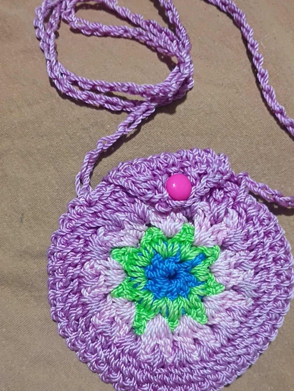 Handmade Lilac Crochet Kids Crossbody Bag with Green & Blue Accent